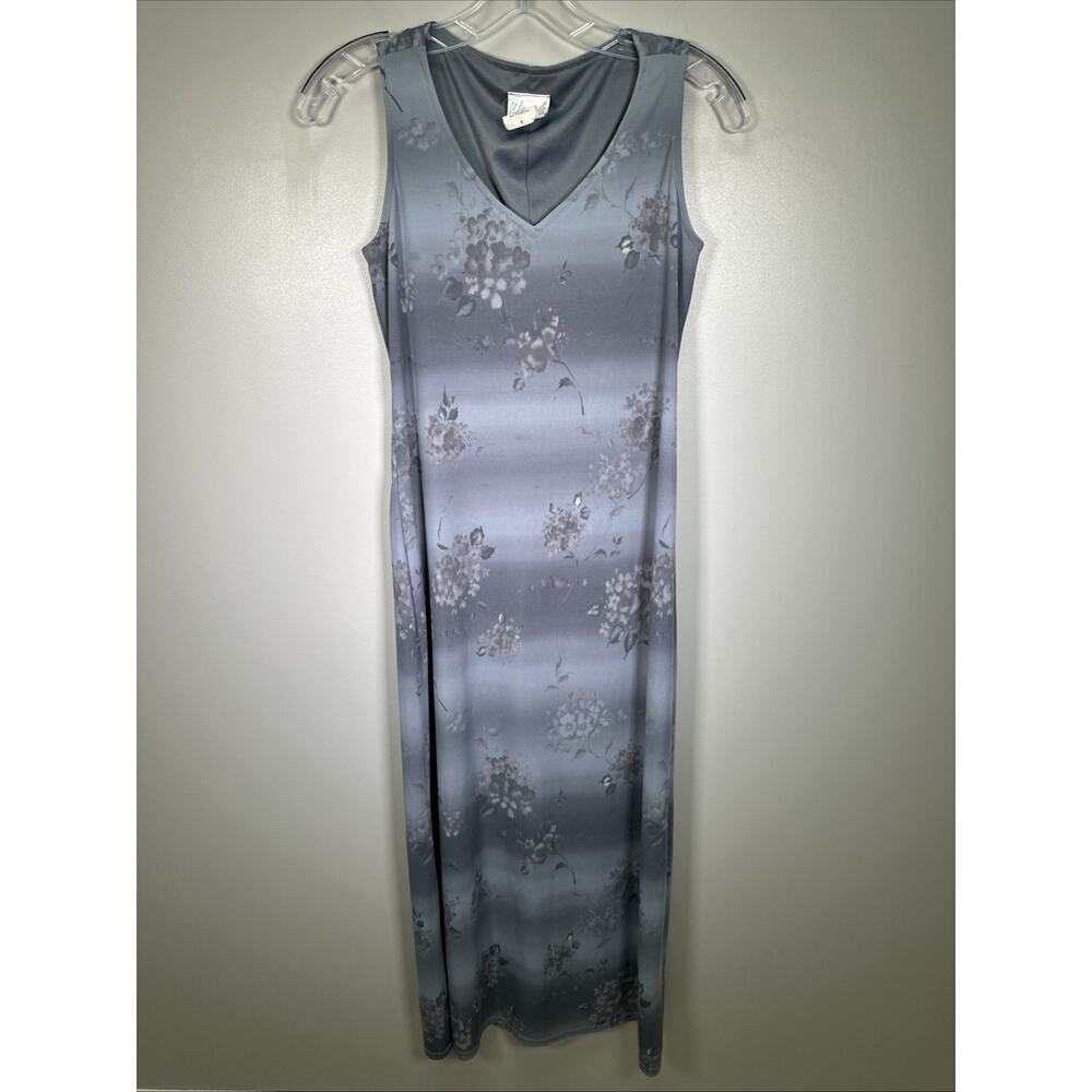 VTG Words Maxi Dress S Gray Faded Floral V Neck 90s Y2K Made In USA